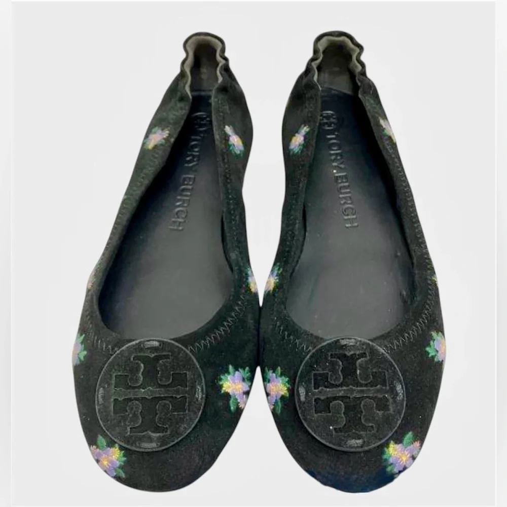 TORY BURCH Minnie Travel Flat Women 8 Black Daybreak Ditsy Floral Embroider Shoe